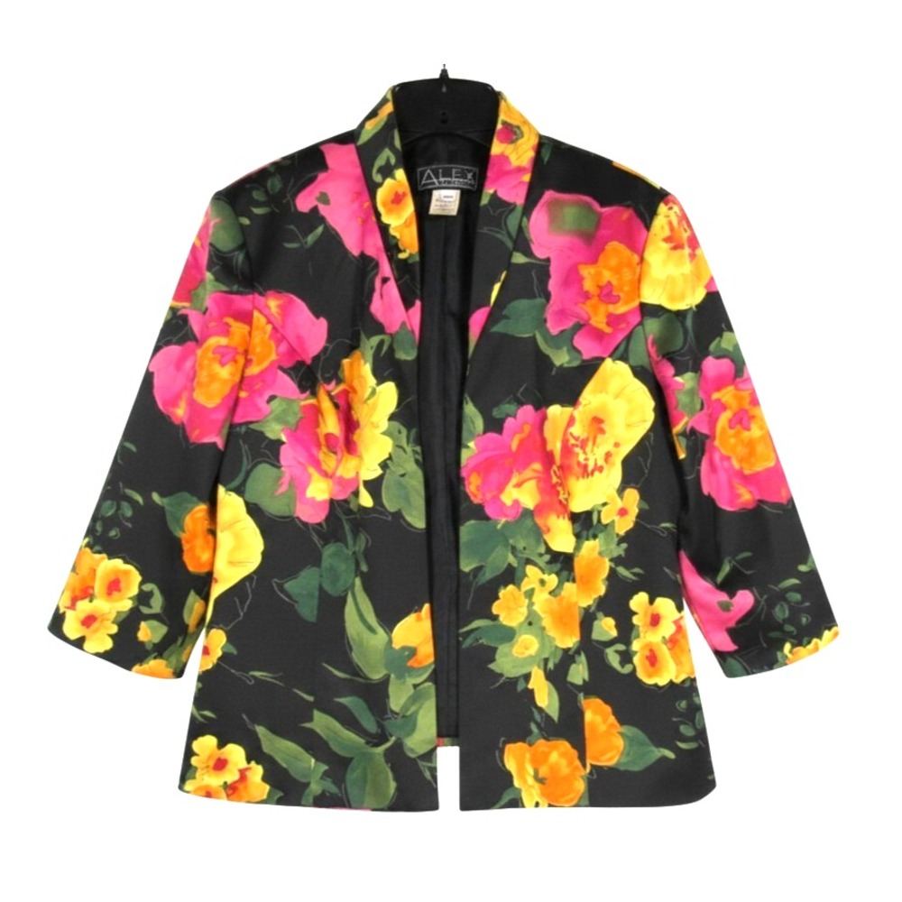 ALEX EVENINGS PETITE Black/Multicolor FLORAL SATIN Open Front JACKET/BLAZER LP